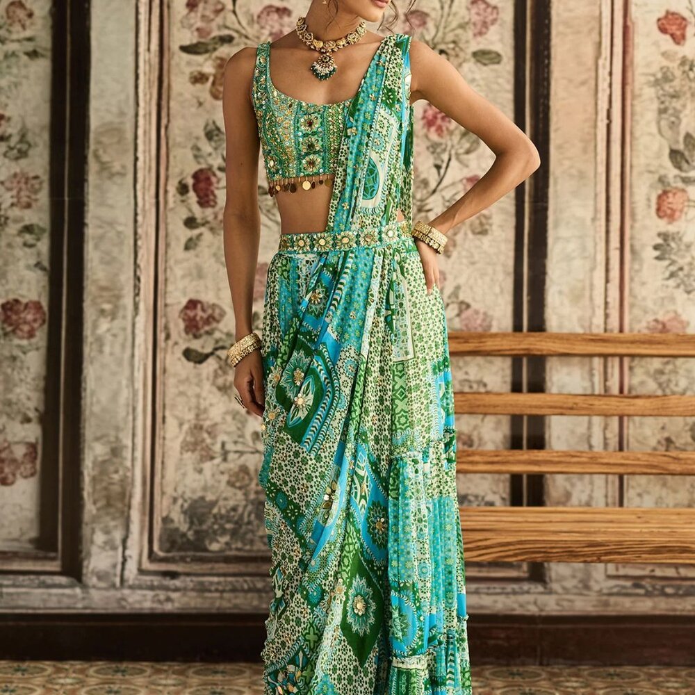 Diya Rajvvir - Aqua Print Tiered Drape Saree Set - New Collection